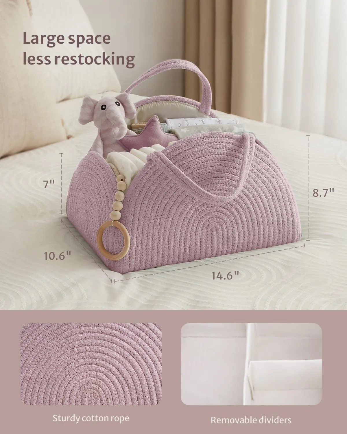 Blissful Diary Baby Diaper Caddy Organizer, Cotton Rope Diaper Caddy Basket, Large Storage Basket for Newborn Boys and Girls, Gift for Baby Shower List, Newborn Essentials, Light Pink