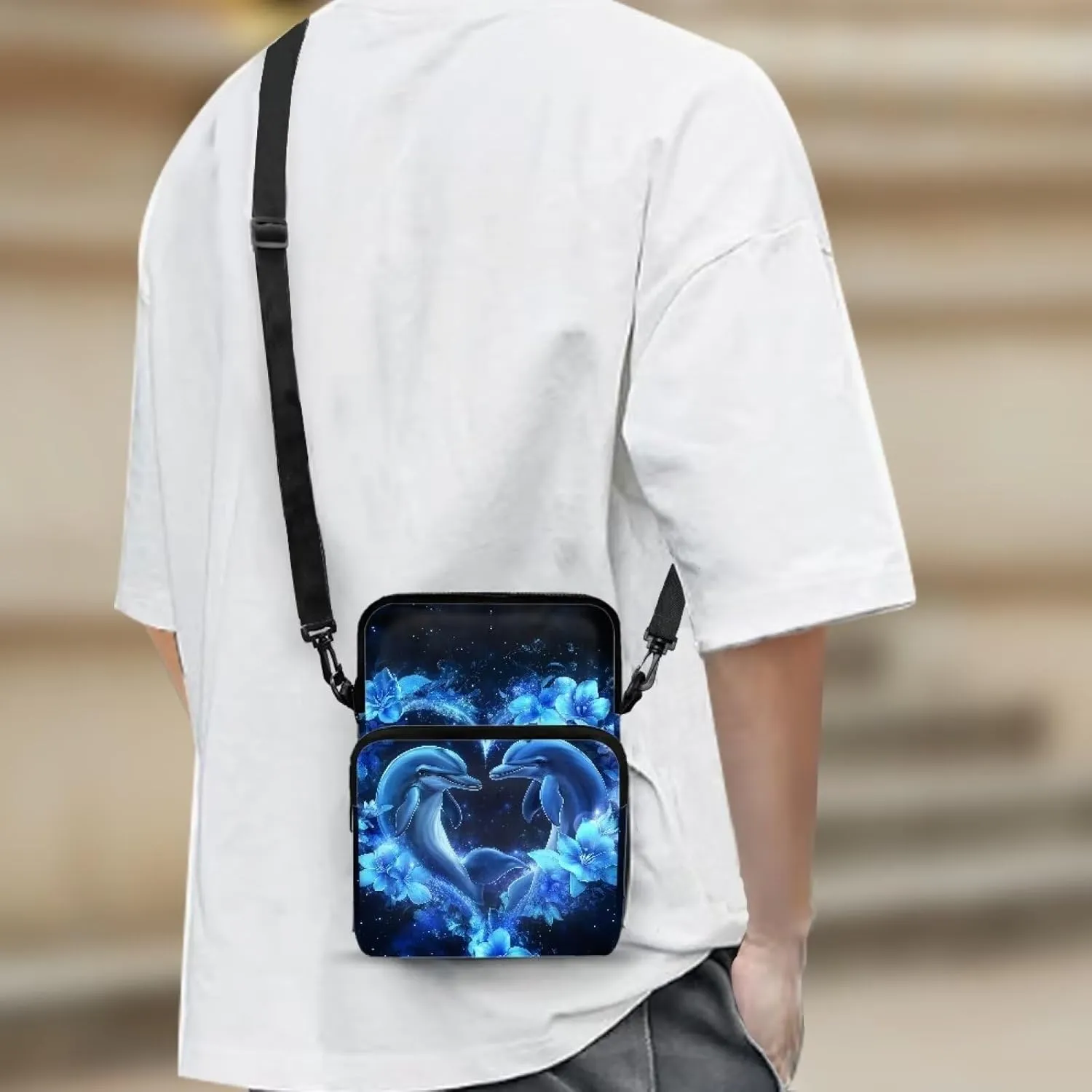 Blue Dolphin Flower Pattern Cross Body Bag for Women Men, Small Shoulder Bag Travel Passport Phone Case Purses Wallet Bag with Adjustable Strap