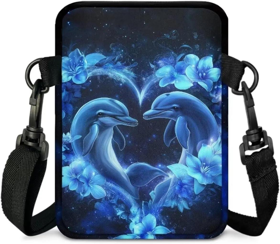 Blue Dolphin Flower Pattern Cross Body Bag for Women Men, Small Shoulder Bag Travel Passport Phone Case Purses Wallet Bag with Adjustable Strap