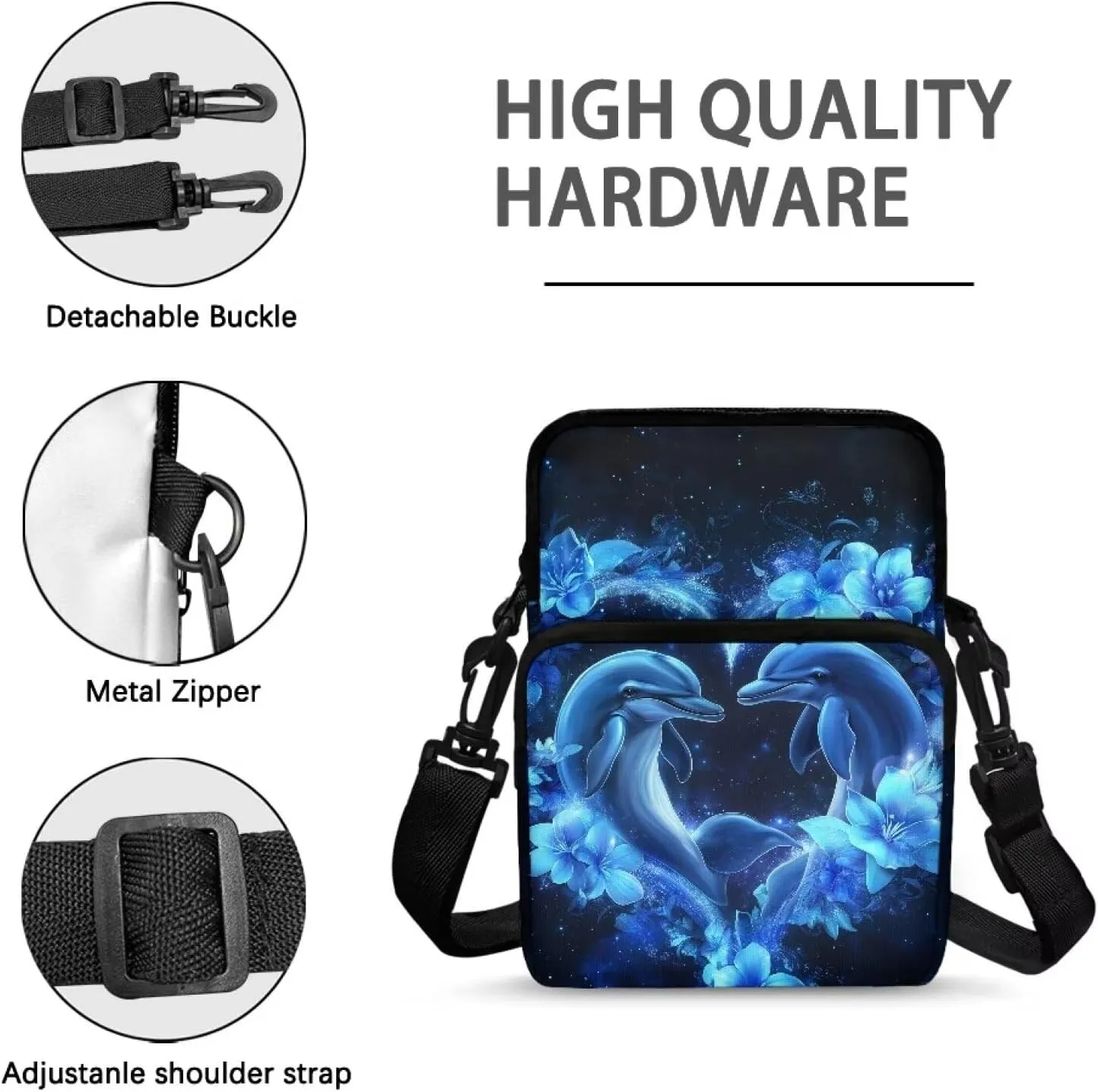 Blue Dolphin Flower Pattern Cross Body Bag for Women Men, Small Shoulder Bag Travel Passport Phone Case Purses Wallet Bag with Adjustable Strap