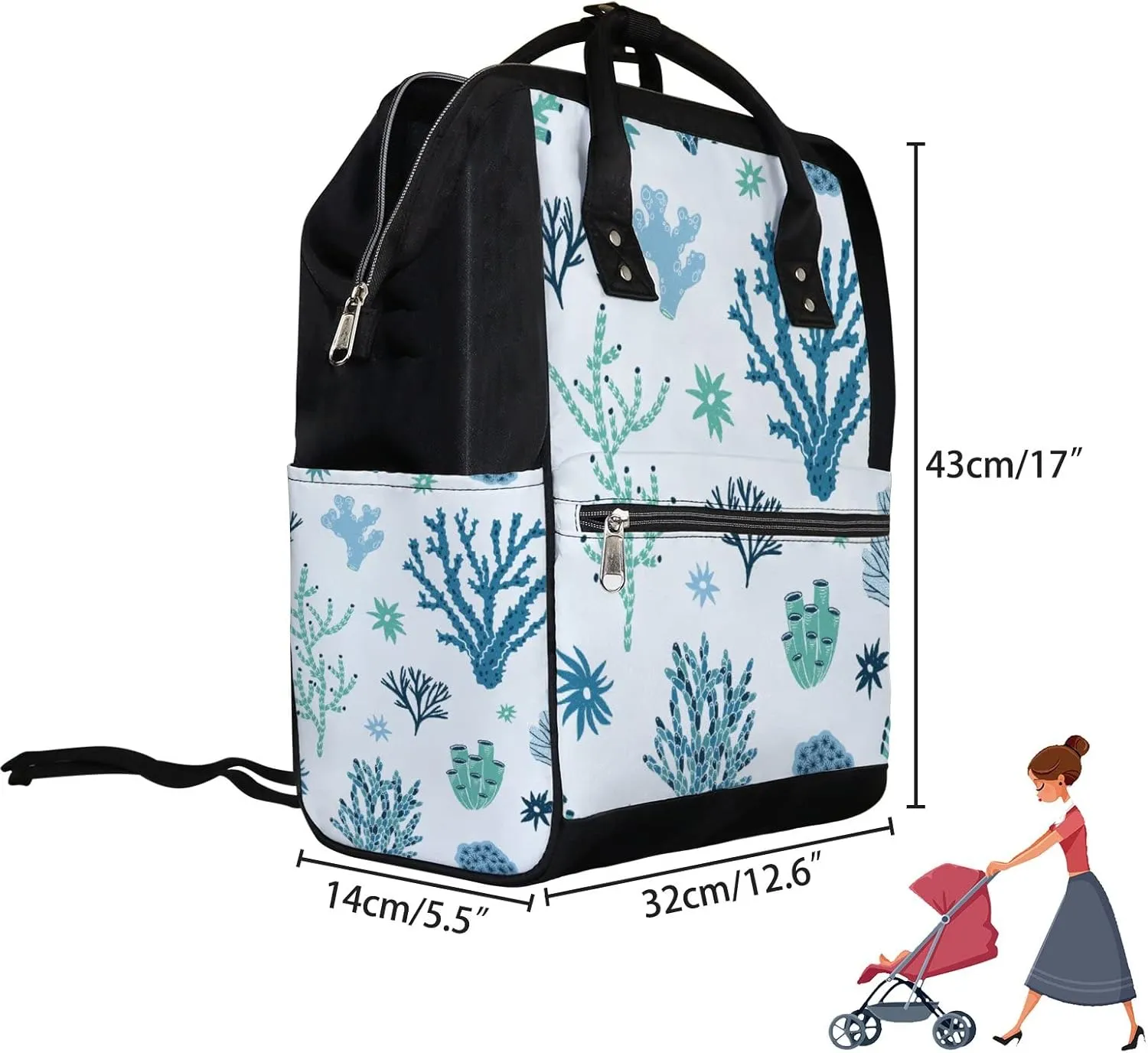 Blue Green Corals Seaweed Diaper Bag Backpack Waterproof Backpack Baby Nappy Changing Bag for Travel Large Capacity Durable and Stylish for Woman