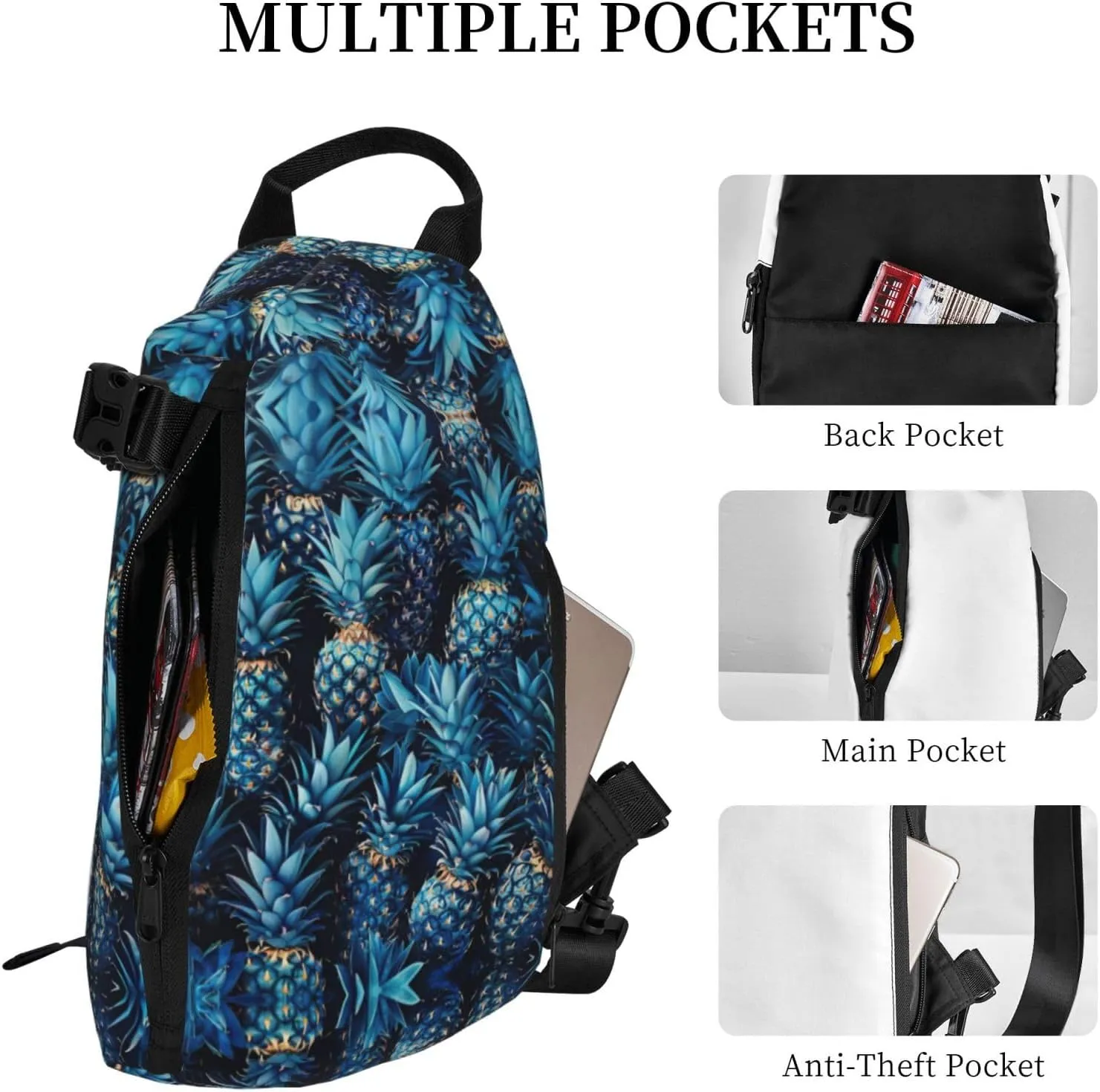 Blue Pineapple Print Crossbody Backpack Casual Sling Bag Travel Lightweight, Adjustable Cross Bag