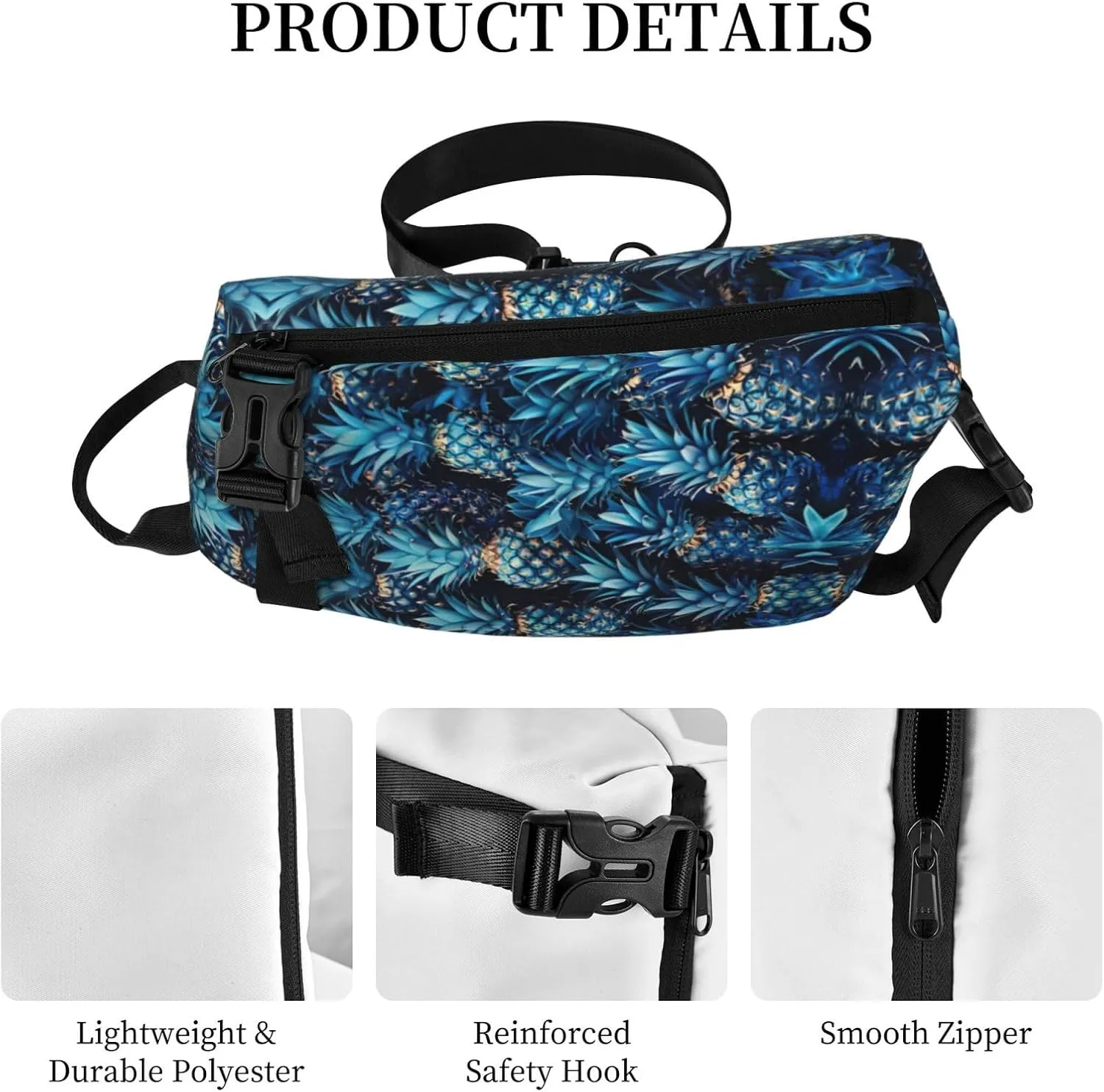 Blue Pineapple Print Crossbody Backpack Casual Sling Bag Travel Lightweight, Adjustable Cross Bag