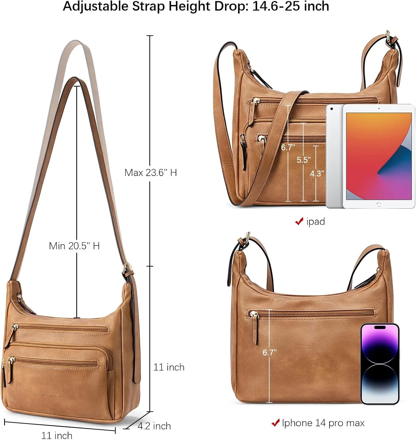 BOSTANTEN Crossbody Purses for Women Soft Vegan Leather Handbags Multi Pocket Shoulder Bag Pocketbooks