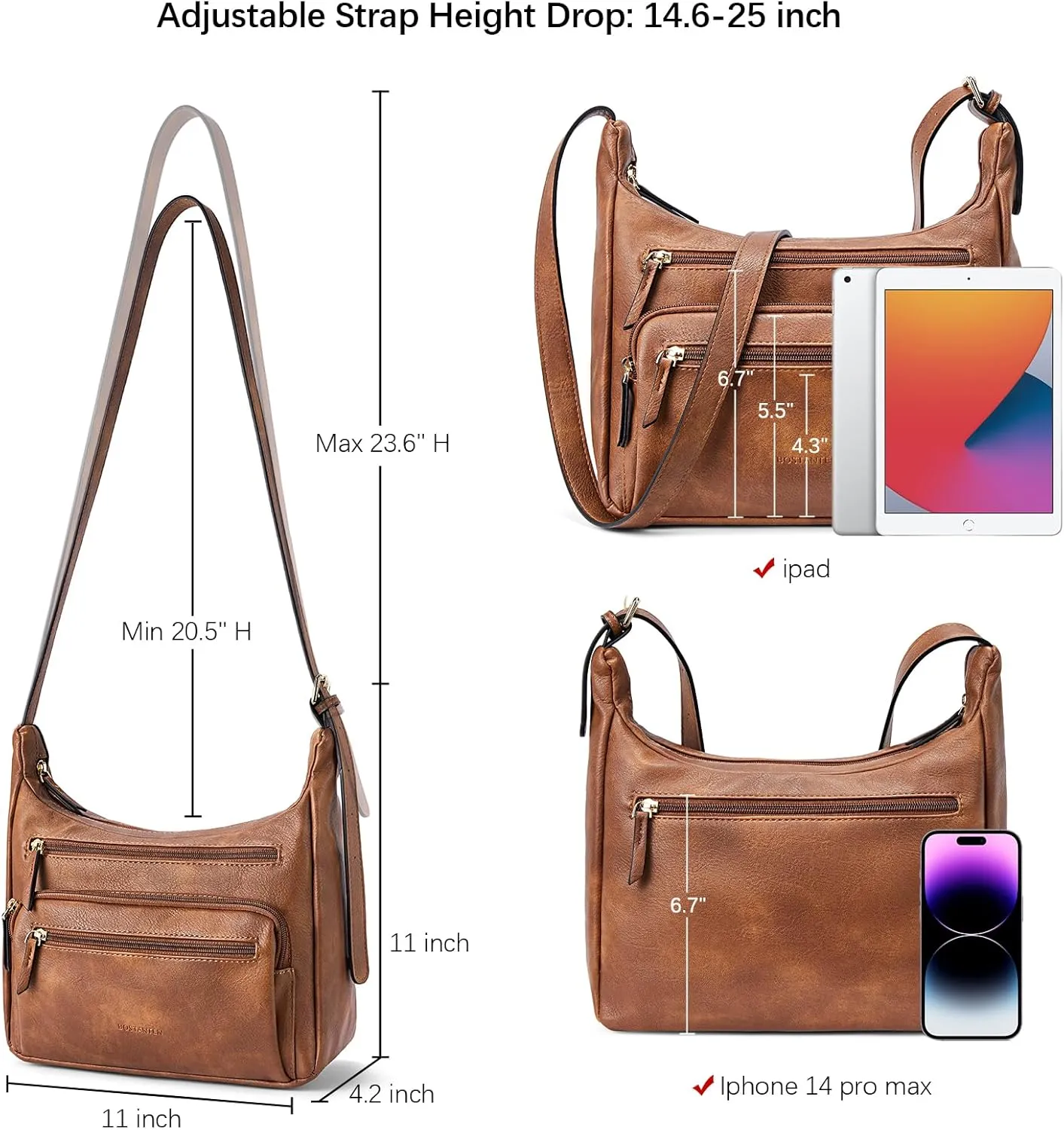 BOSTANTEN Crossbody Purses for Women Soft Vegan Leather Handbags Multi Pocket Shoulder Bag Pocketbooks