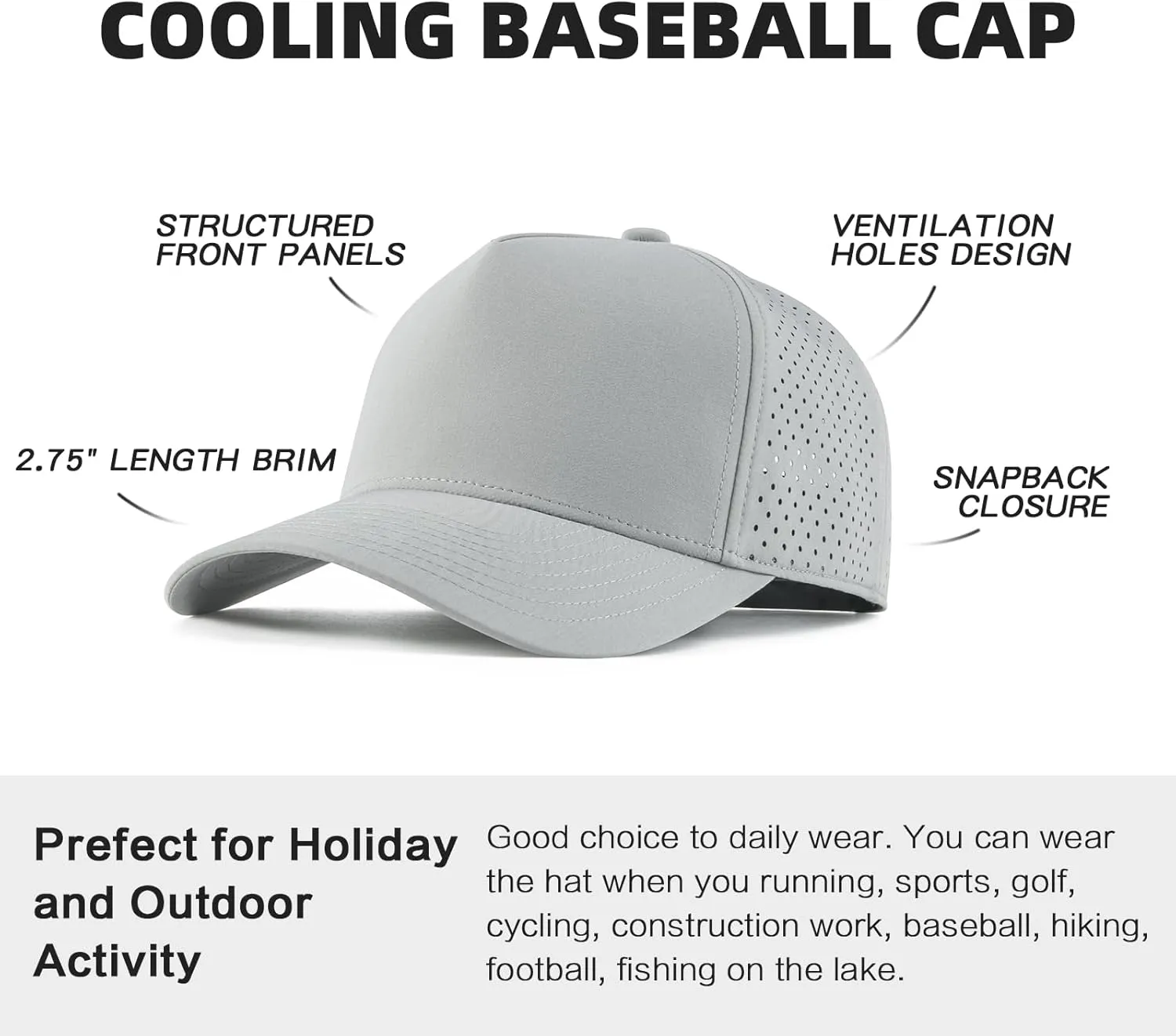 BOTVELA Men Adjustable Snapback Baseball Cap Vented Performance Laser Cut Mesh Hat