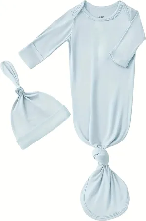 Bow Dream Rayon Bamboo Newborn Baby Boys Knotted Gown Sleeper Solid Color Jumpsuit with Matching Bonnet
