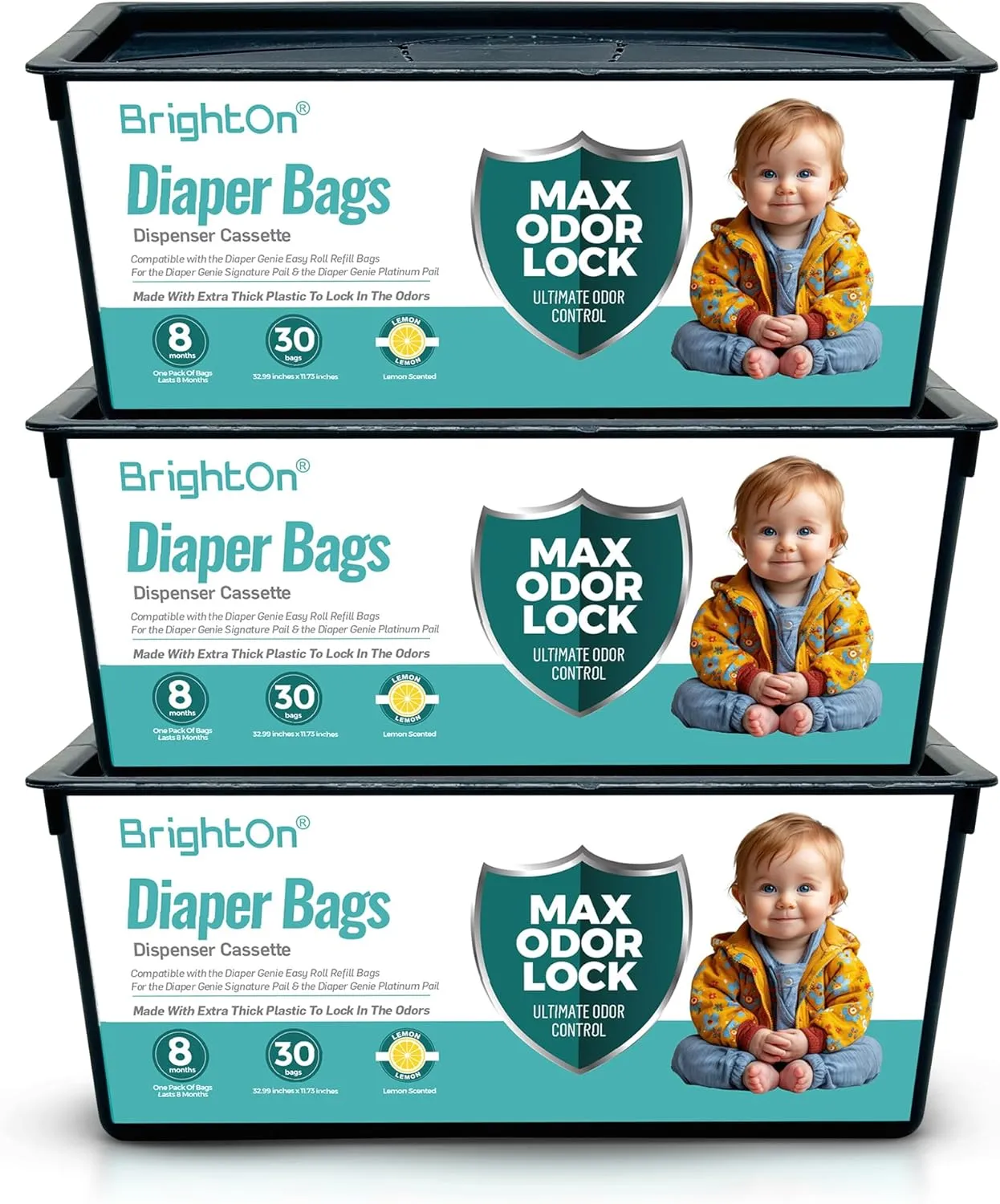 BrightOn Diaper Pail Refill Bags Compatible with Genie Easy Roll Signature Diaper Pails, 3-Pack (90 Bags) (Lemon Scented)