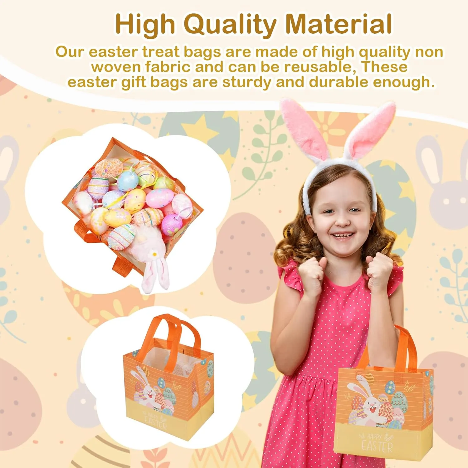 Bszatan 18PCS Easter Gift Bags with Handles, Treat Bags with Happy Bunny Carrot Chick, Multifunctional Non-Woven Easter Baskets for Egg Hunt, Gifts Wrapping, Party Supplies, 8.3×7.9×5.9inch