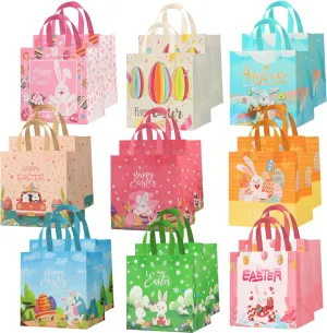 Bszatan 18PCS Easter Gift Bags with Handles, Treat Bags with Happy Bunny Carrot Chick, Multifunctional Non-Woven Easter Baskets for Egg Hunt, Gifts Wrapping, Party Supplies, 8.3×7.9×5.9inch