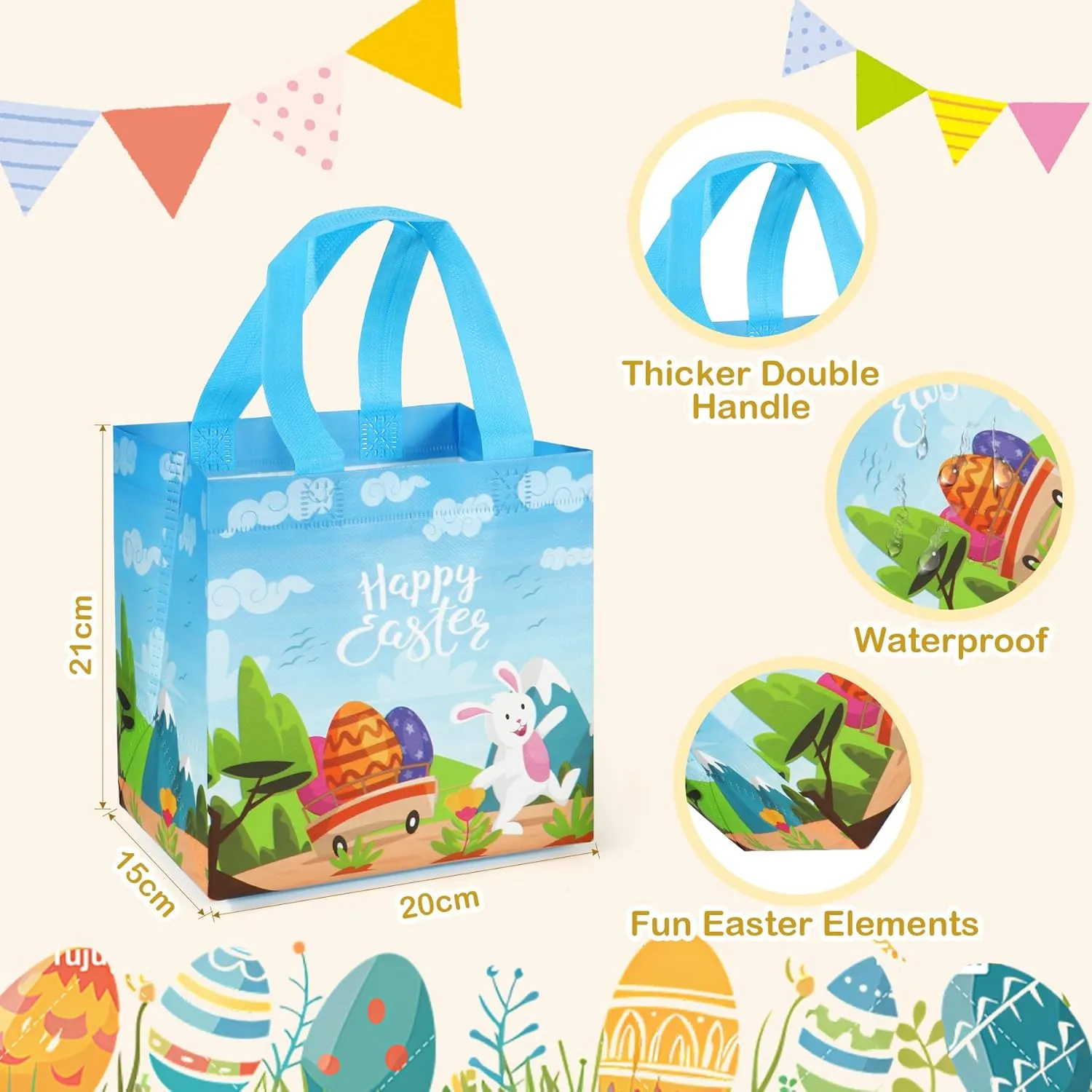 Bszatan 18PCS Easter Gift Bags with Handles, Treat Bags with Happy Bunny Carrot Chick, Multifunctional Non-Woven Easter Baskets for Egg Hunt, Gifts Wrapping, Party Supplies, 8.3×7.9×5.9inch