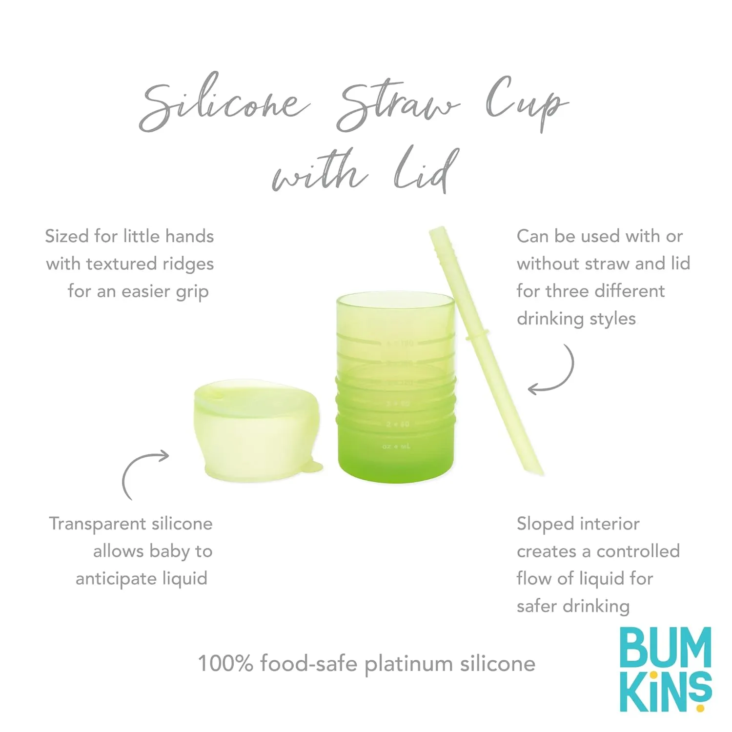 Bumkins Baby and Toddler Cups, Sippy Cup with Straw, Spill Proof, Transition Cup for Babies Age 1 Year, Safely Sip from Lid or Straw, First Year Supplies, Platinum Silicone, Holds 7oz, Sage Green