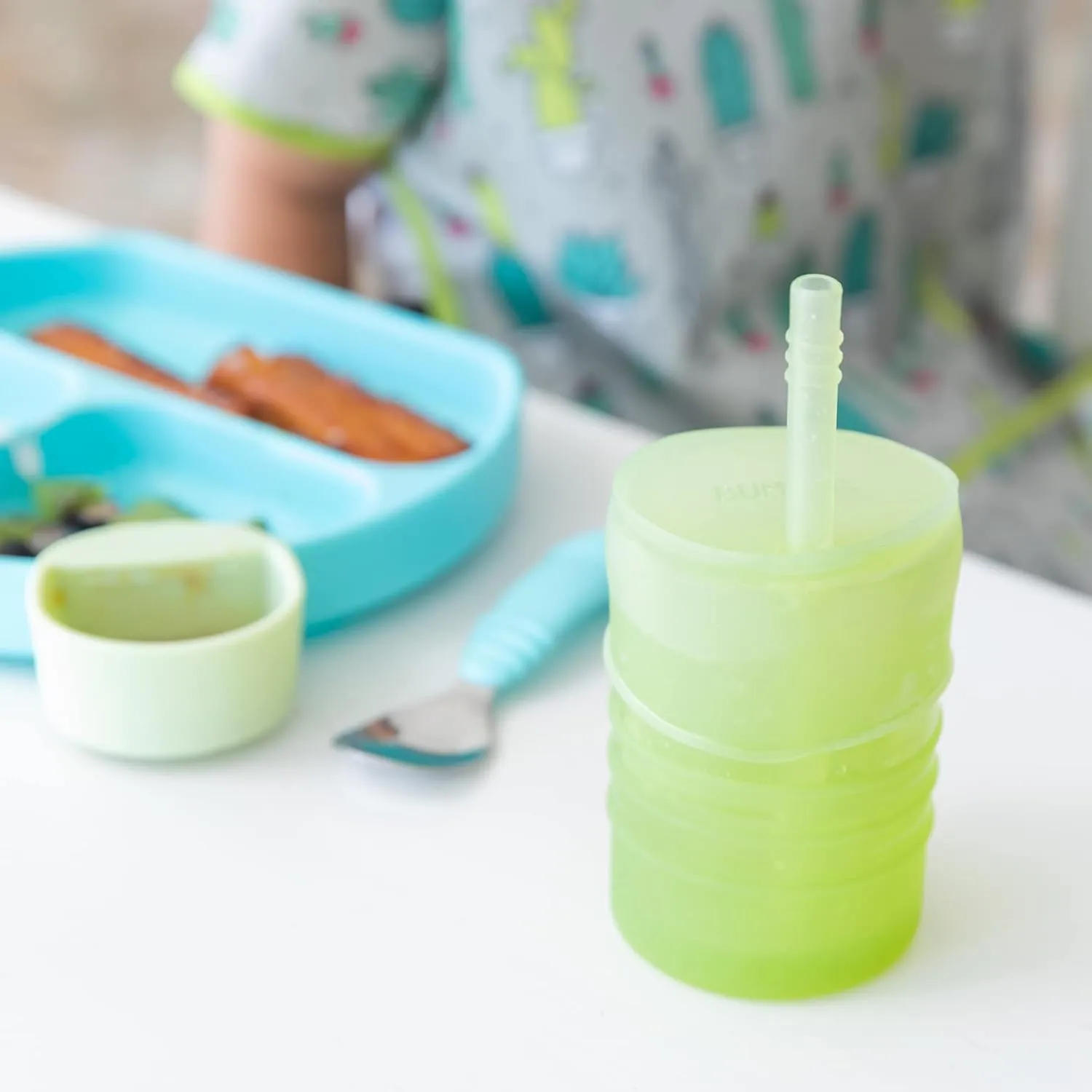 Bumkins Baby and Toddler Cups, Sippy Cup with Straw, Spill Proof, Transition Cup for Babies Age 1 Year, Safely Sip from Lid or Straw, First Year Supplies, Platinum Silicone, Holds 7oz, Sage Green