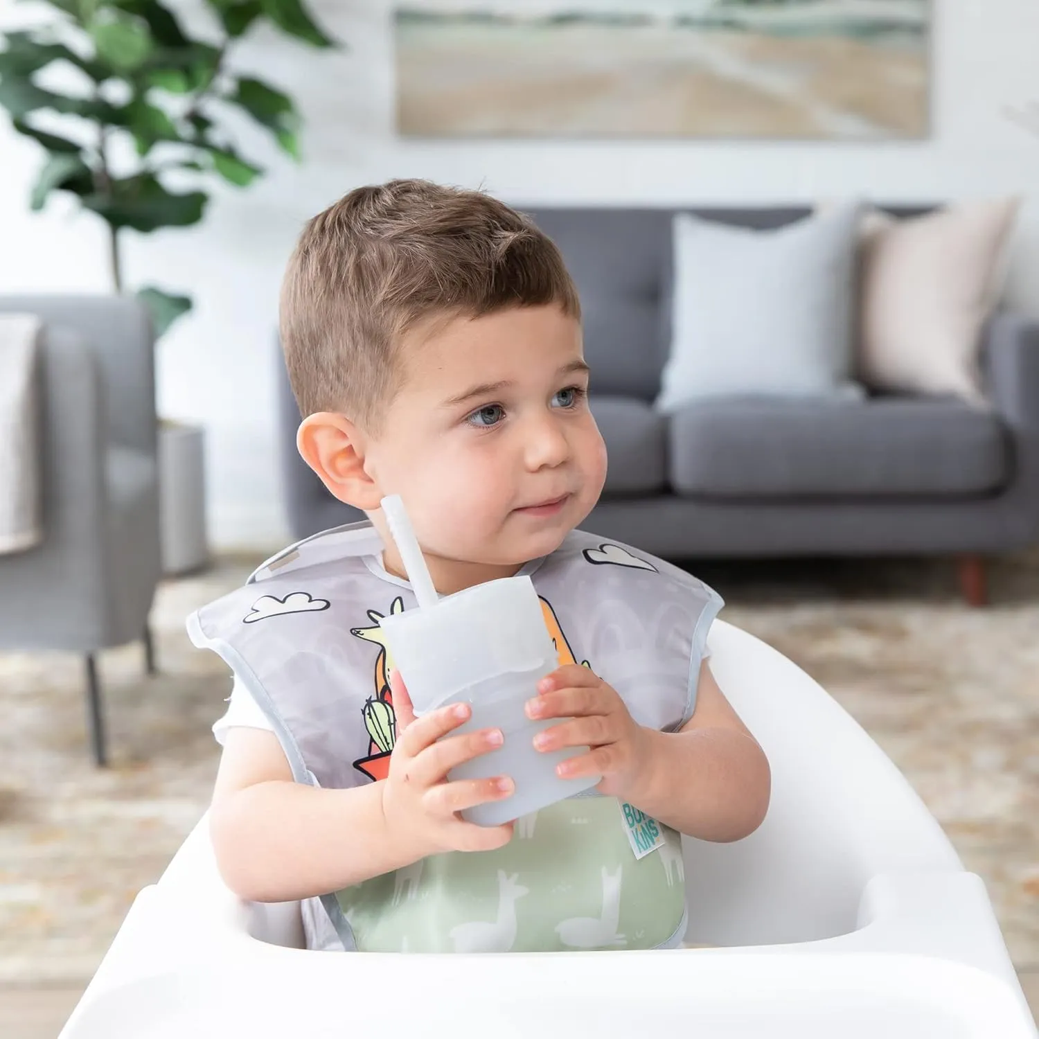 Bumkins Baby and Toddler Cups, Sippy Cup with Straw, Spill Proof, Transition Cup for Babies Ages 1 Year, Safely Sip from Lid, Straw or Cup, First Year Supplies, Platinum Silicone, Holds 7oz, Gray