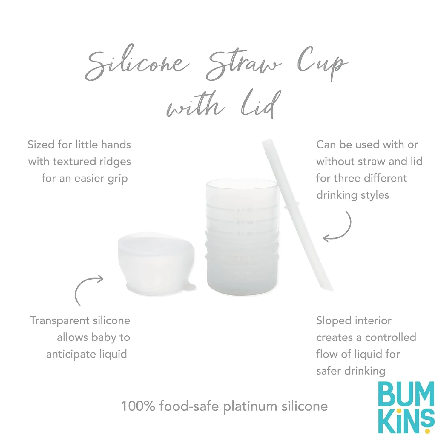Bumkins Baby and Toddler Cups, Sippy Cup with Straw, Spill Proof, Transition Cup for Babies Ages 1 Year, Safely Sip from Lid, Straw or Cup, First Year Supplies, Platinum Silicone, Holds 7oz, Gray