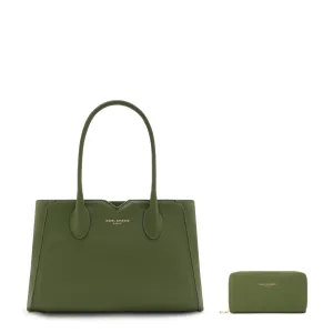 Cadeau d'Isabel green calfskin leather handbag and zipper wallet gift set