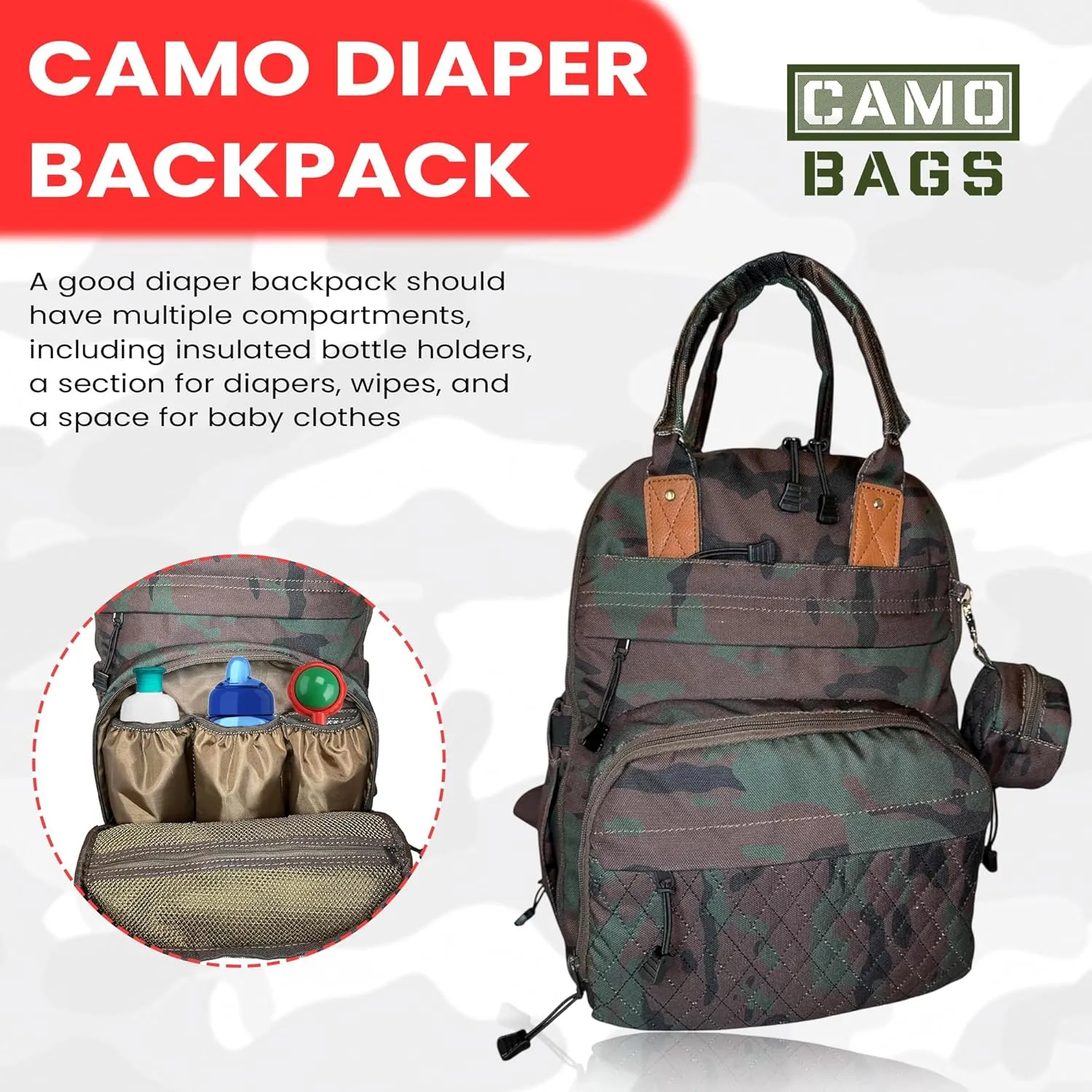 Camo Diaper Backpack - 1000 Denier Cordura Polyester Bag with Pacifier Pouch & Changing Pad - Comfortable Handle, Reinforced Padded Shoulder Straps - Easy-Glide Zippers Multiple Pockets Storage