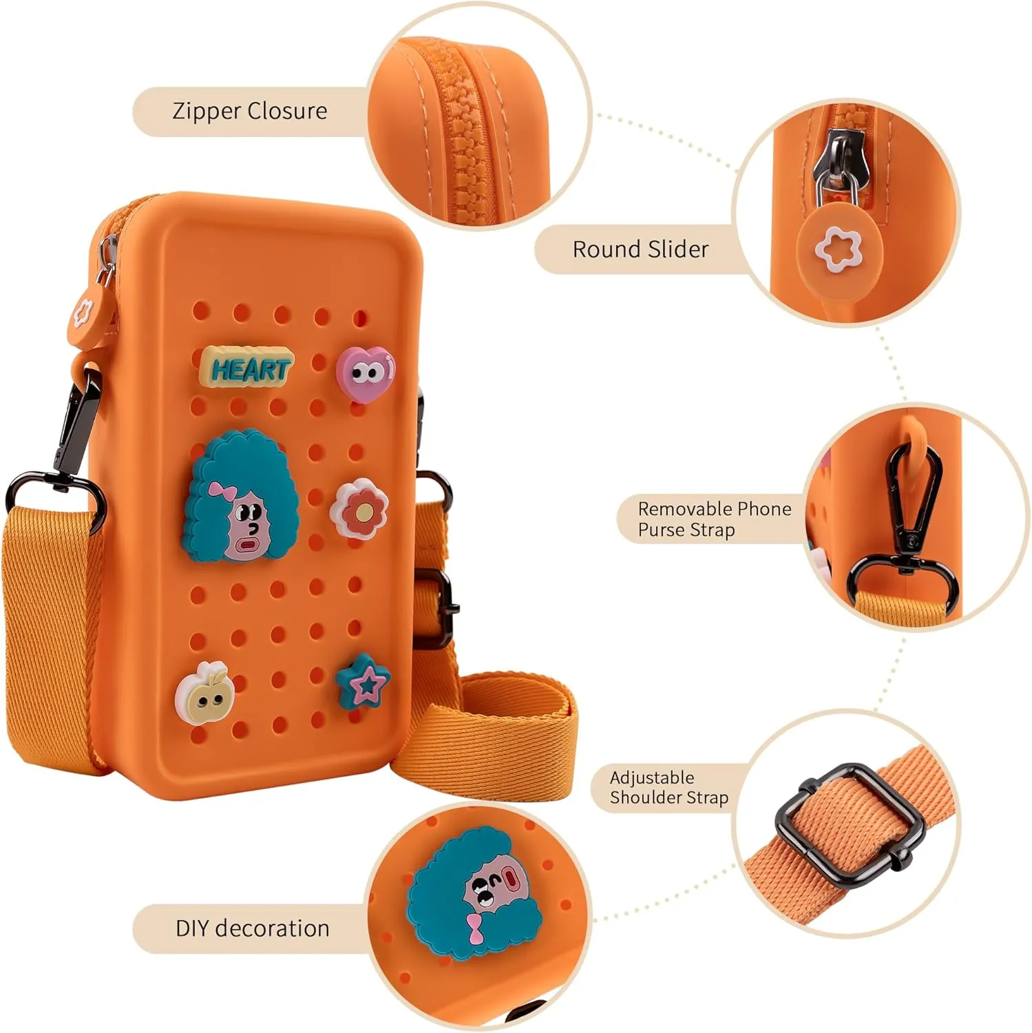 Candy Small Crossbody Bag with Wide Shoulder Strap and Larger Holes for Charms – Adjustable, Stylish, and Comfortable Everyday Bag (Orange)