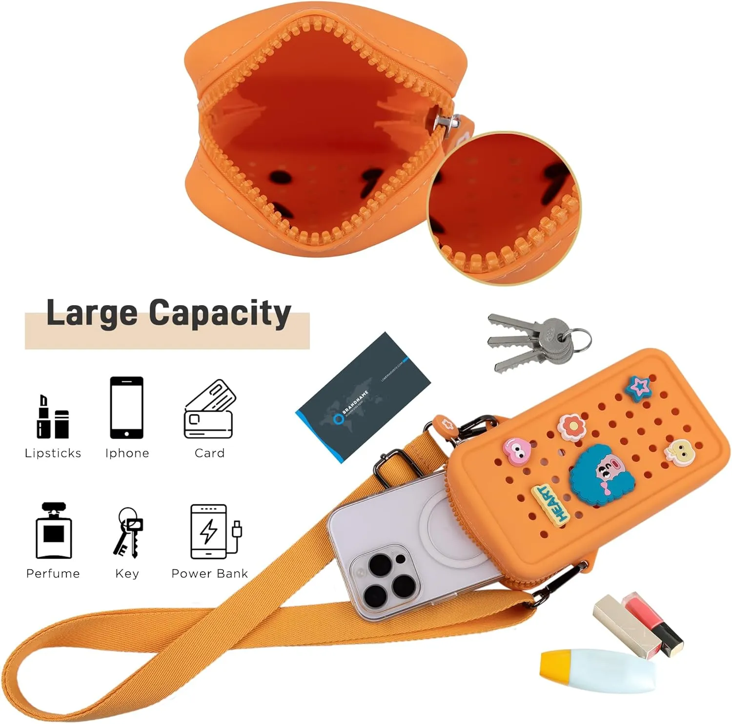 Candy Small Crossbody Bag with Wide Shoulder Strap and Larger Holes for Charms – Adjustable, Stylish, and Comfortable Everyday Bag (Orange)