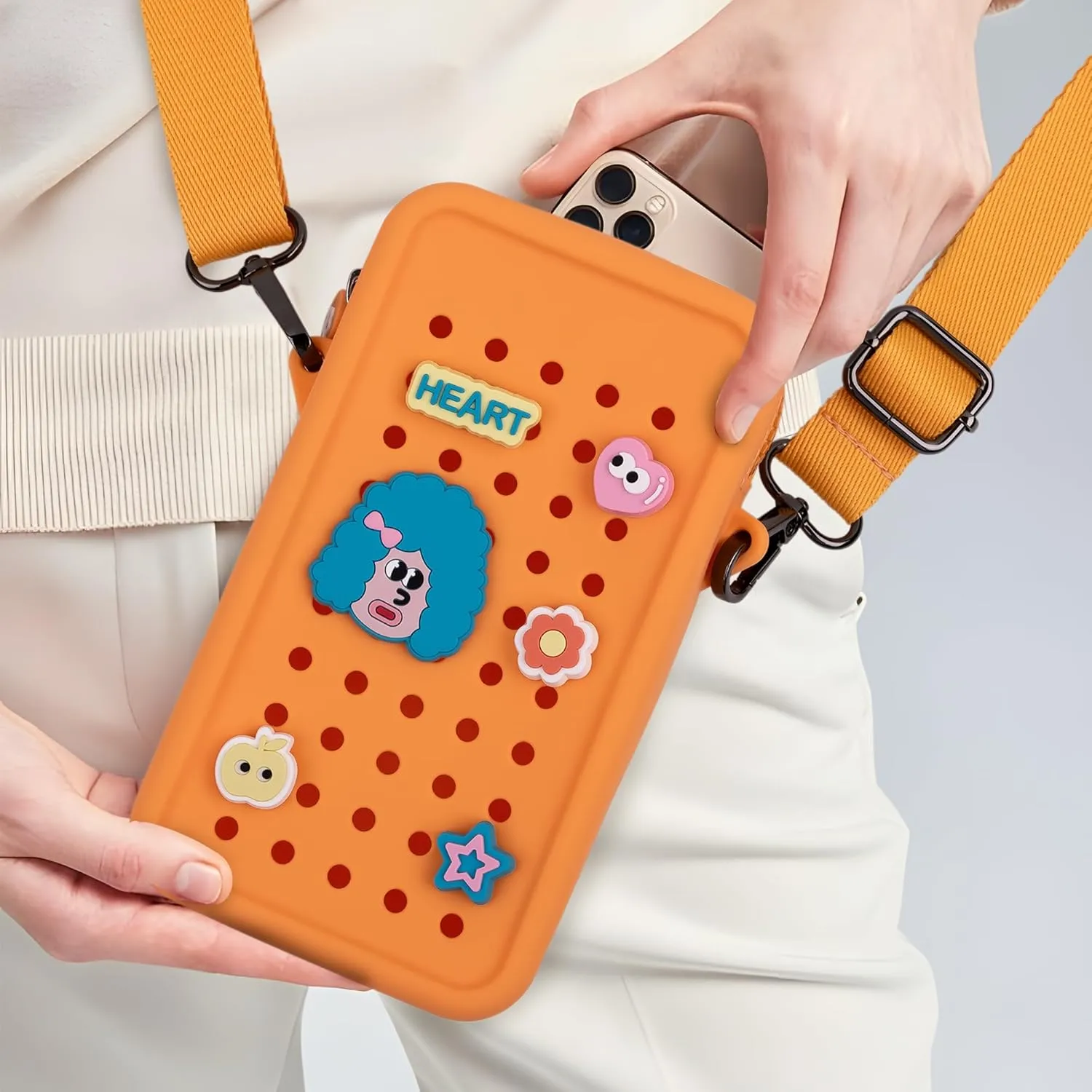 Candy Small Crossbody Bag with Wide Shoulder Strap and Larger Holes for Charms – Adjustable, Stylish, and Comfortable Everyday Bag (Orange)