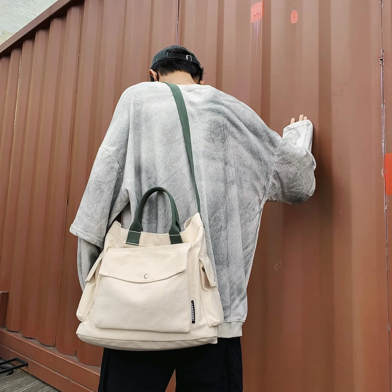 Canvas Crossbody Tote Shoulder Purse Bag for Women and Men with Multi-pocket for Shopping, Travel and Work