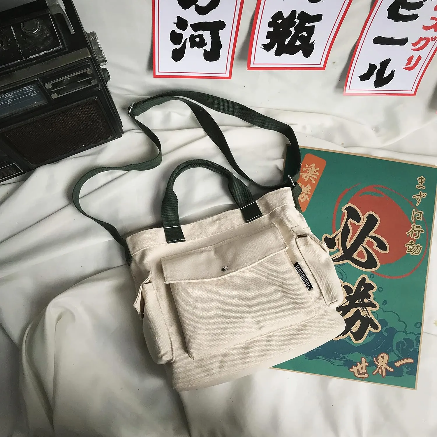 Canvas Crossbody Tote Shoulder Purse Bag for Women and Men with Multi-pocket for Shopping, Travel and Work