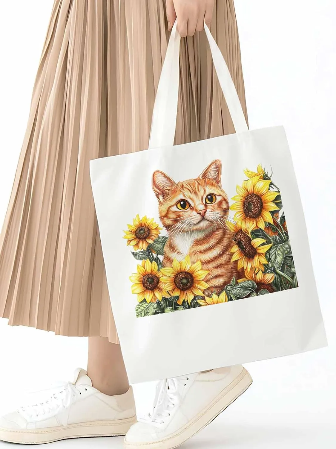 Canvas Tote Bag, Farmhouse Cat Sunflower Aesthetic Canvas Tote Handbags for Women Shoulder Bag