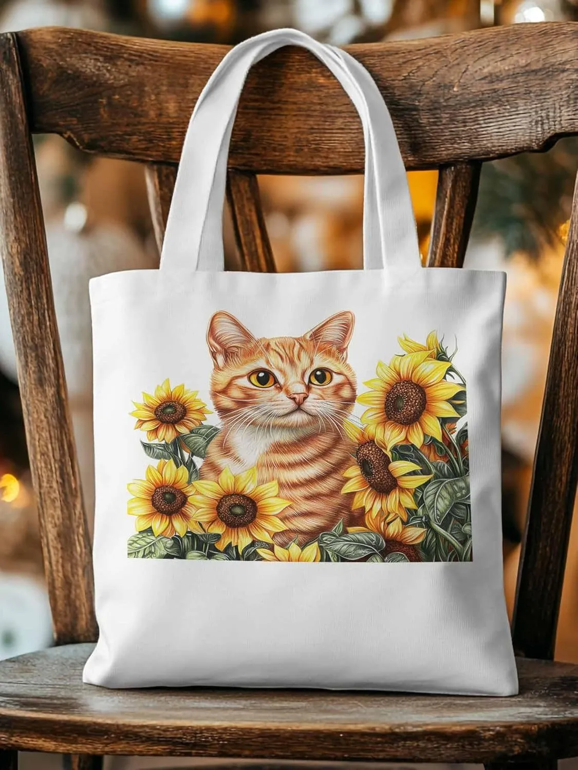 Canvas Tote Bag, Farmhouse Cat Sunflower Aesthetic Canvas Tote Handbags for Women Shoulder Bag