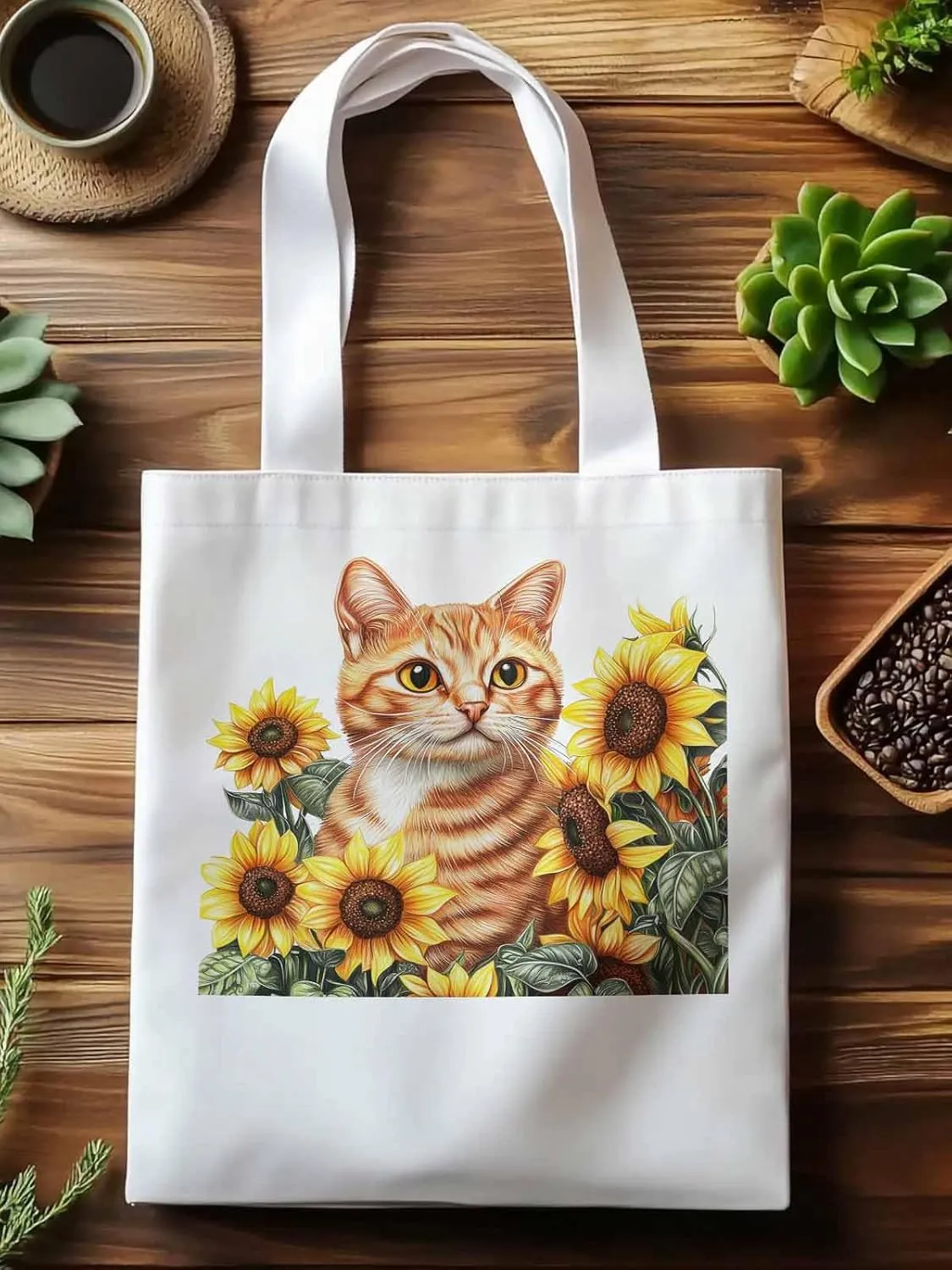 Canvas Tote Bag, Farmhouse Cat Sunflower Aesthetic Canvas Tote Handbags for Women Shoulder Bag