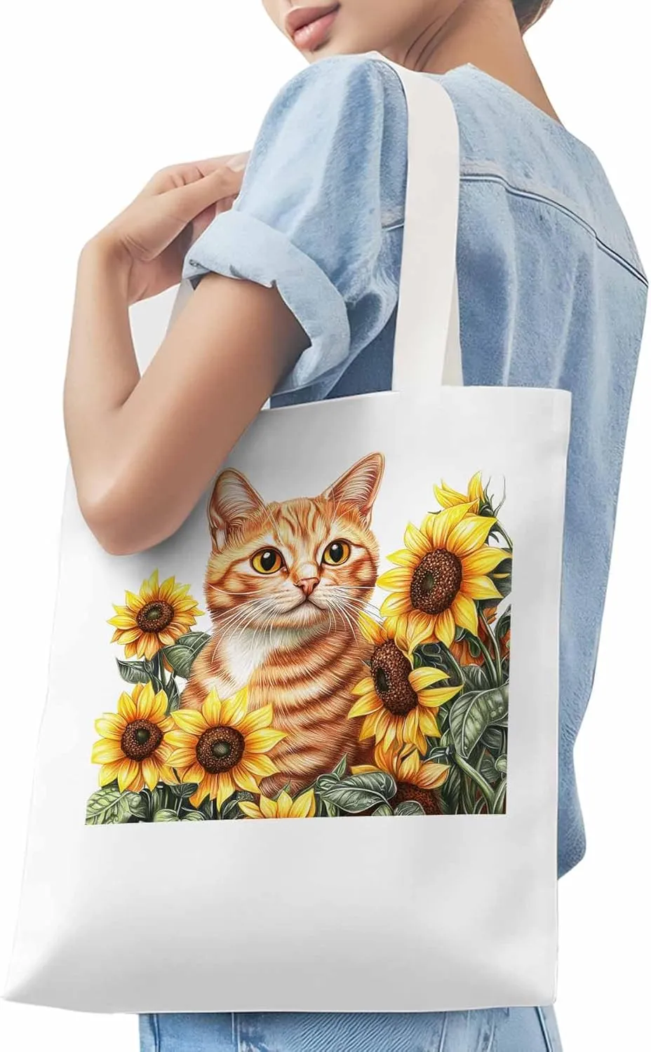 Canvas Tote Bag, Farmhouse Cat Sunflower Aesthetic Canvas Tote Handbags for Women Shoulder Bag