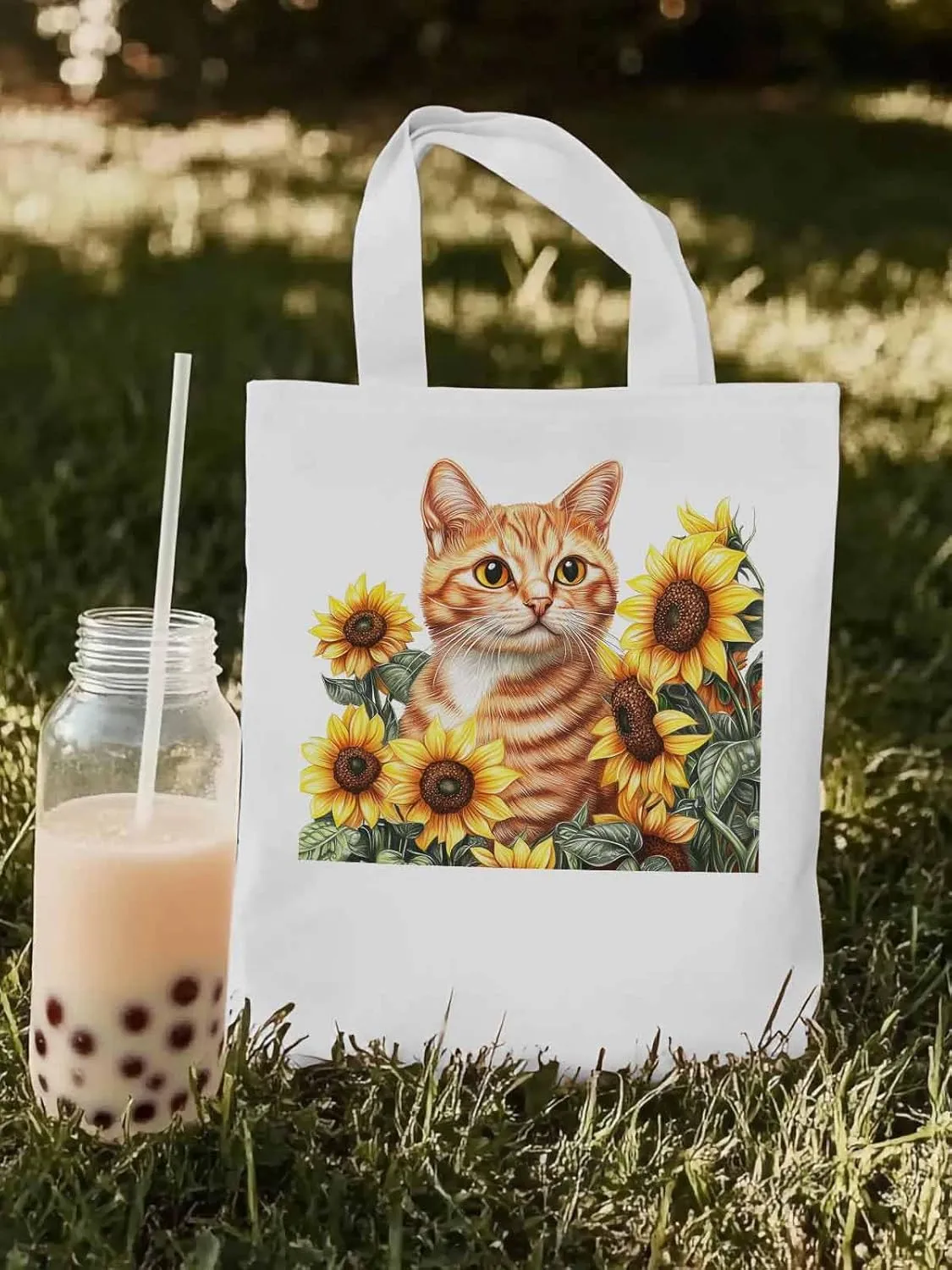 Canvas Tote Bag, Farmhouse Cat Sunflower Aesthetic Canvas Tote Handbags for Women Shoulder Bag