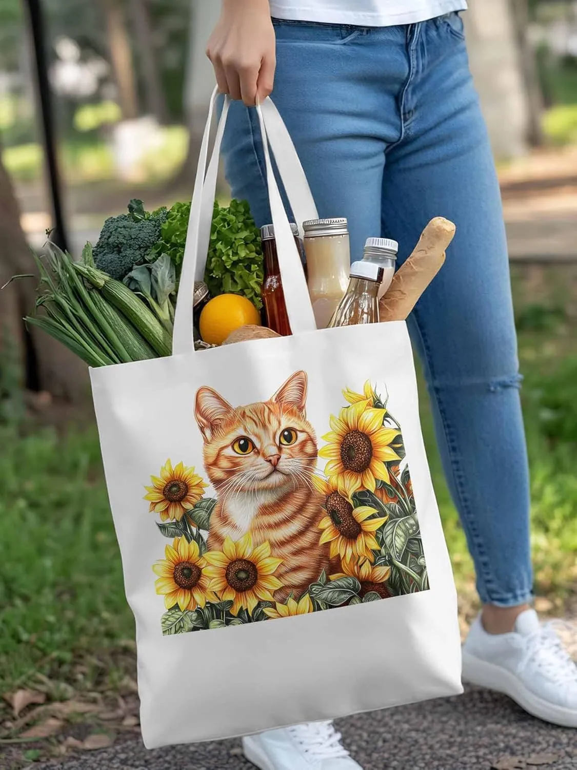 Canvas Tote Bag, Farmhouse Cat Sunflower Aesthetic Canvas Tote Handbags for Women Shoulder Bag