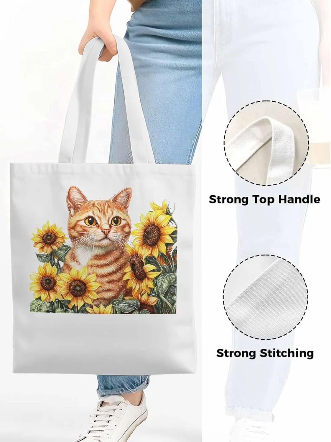 Canvas Tote Bag, Farmhouse Cat Sunflower Aesthetic Canvas Tote Handbags for Women Shoulder Bag