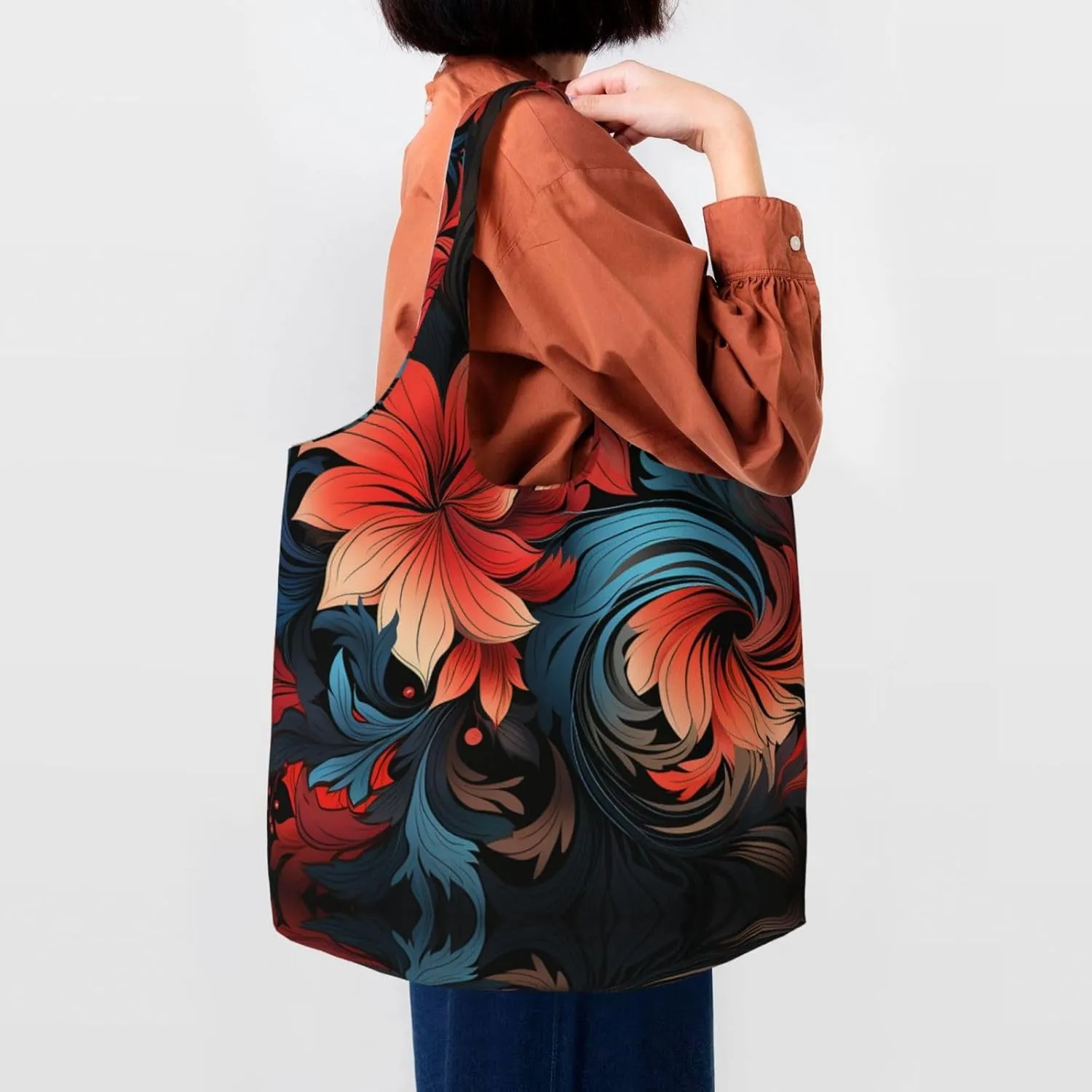 Canvas Tote Bag Lightweight Reusable Grocery Shopping Bag Red Shark Image Handbag for Women Men