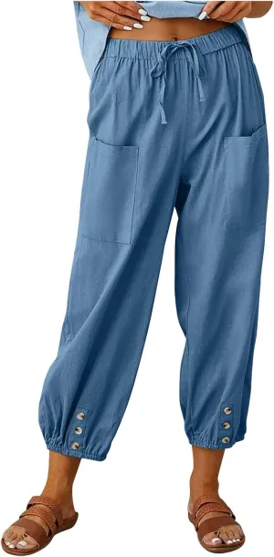 Capri Pants for Women Plus Size Loose Summer Beach Cropped Pants Vintage Waisted Drawstring Linen Capris Pants with Pockets