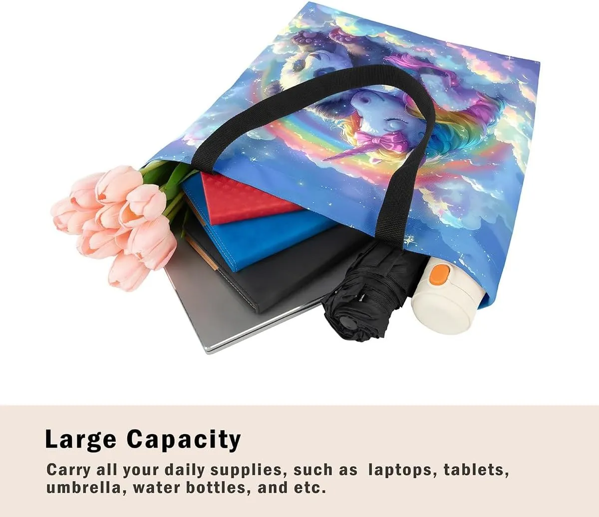 Cartoon Animals Canvas Tote Bag Valentine's Day Shoulder Handbags for Shopping,Unicorn Bag Reusable Handbag