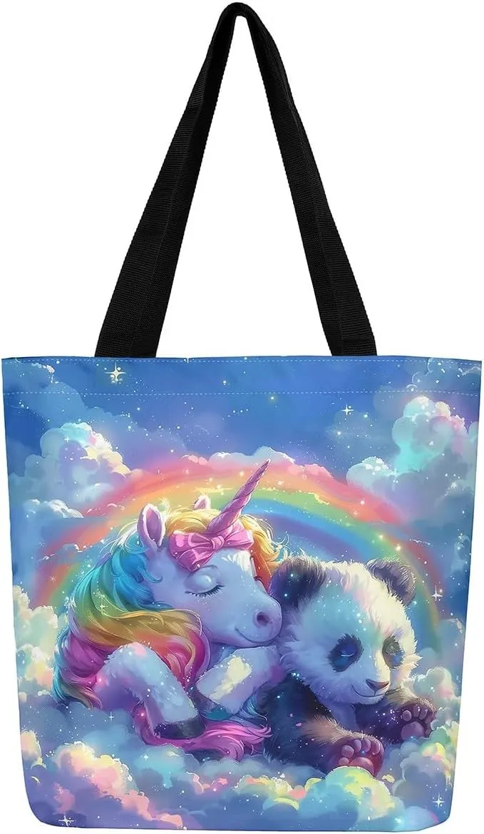 Cartoon Animals Canvas Tote Bag Valentine's Day Shoulder Handbags for Shopping,Unicorn Bag Reusable Handbag