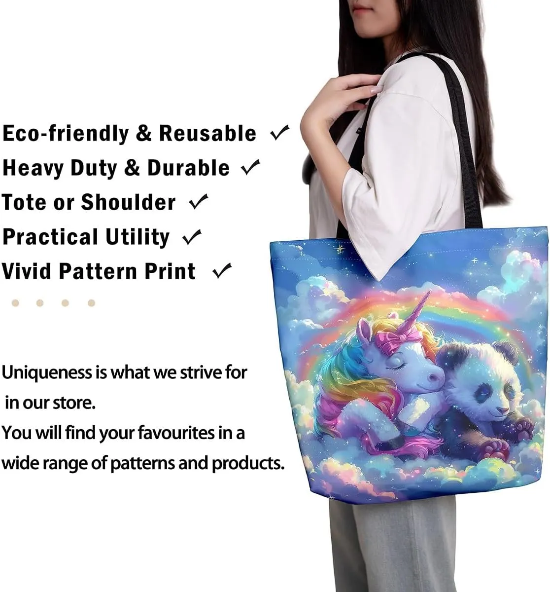 Cartoon Animals Canvas Tote Bag Valentine's Day Shoulder Handbags for Shopping,Unicorn Bag Reusable Handbag