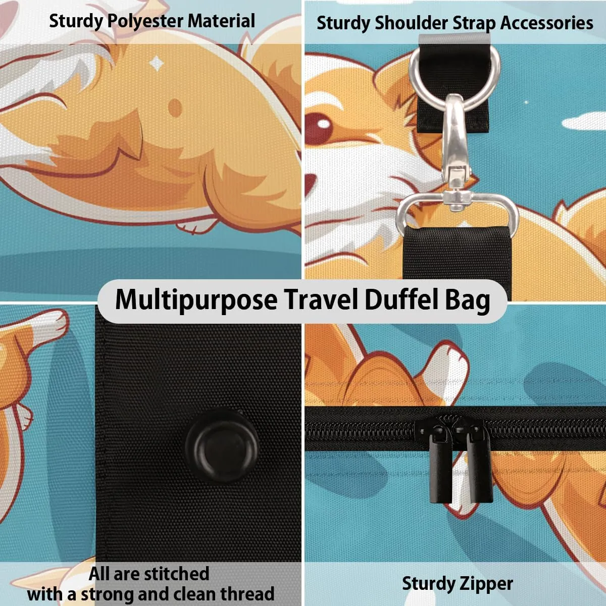 Cartoon Corgi Dog Travel Duffle Bag for Women Men Gym Duffel Foldable Bag Waterproof Weekender Funny Animals Duffle Tote