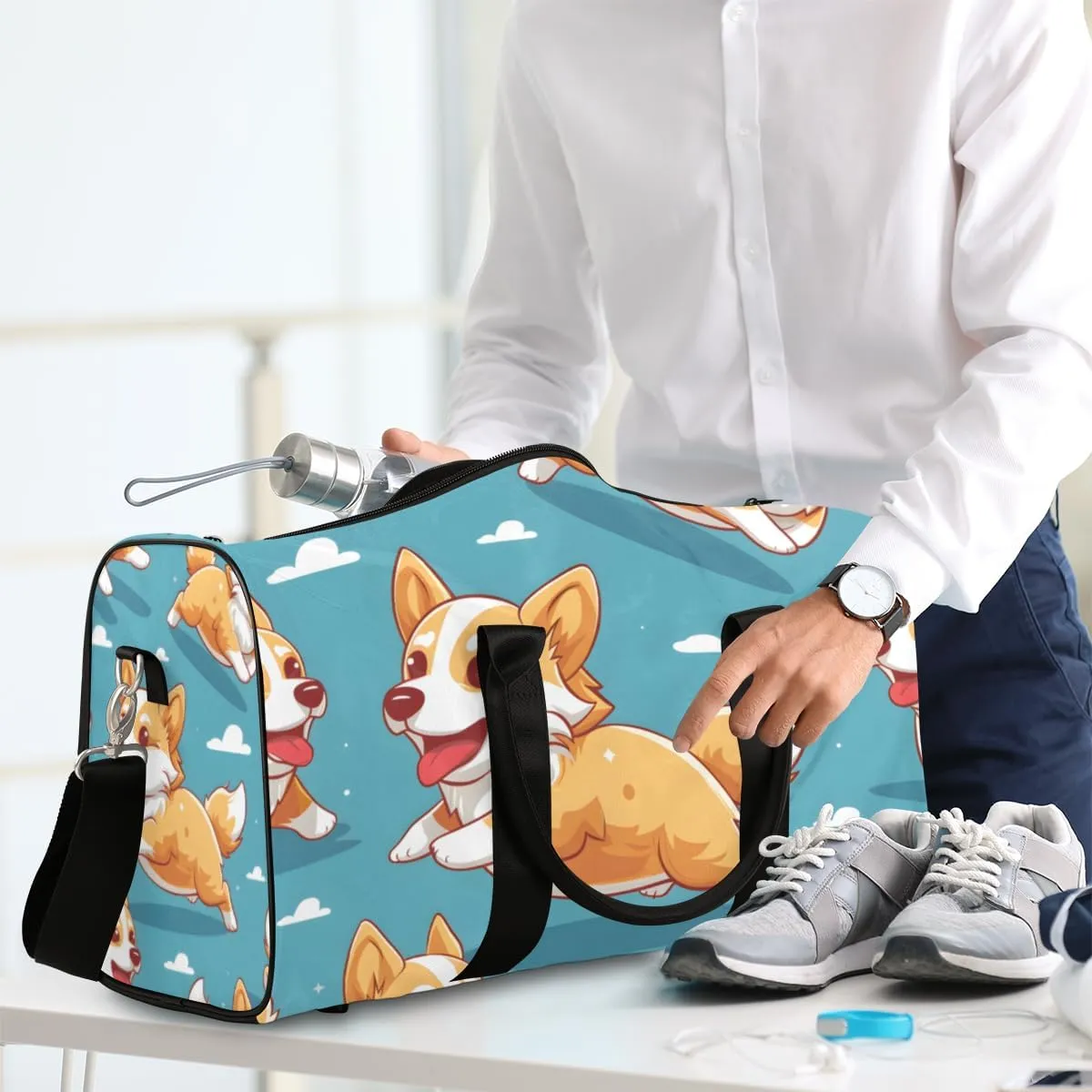 Cartoon Corgi Dog Travel Duffle Bag for Women Men Gym Duffel Foldable Bag Waterproof Weekender Funny Animals Duffle Tote