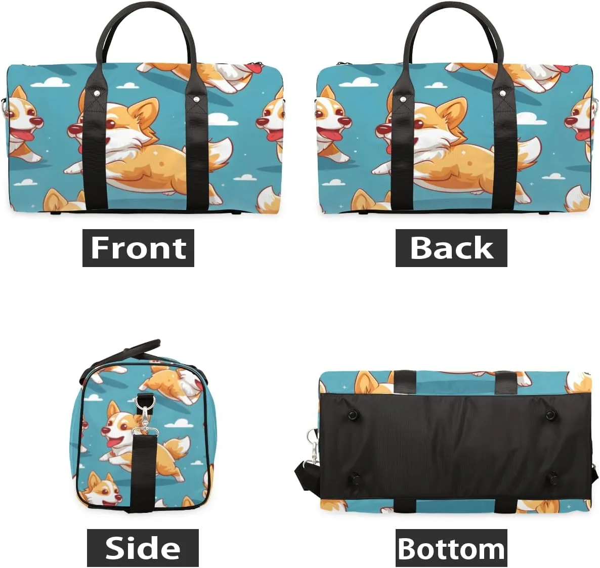 Cartoon Corgi Dog Travel Duffle Bag for Women Men Gym Duffel Foldable Bag Waterproof Weekender Funny Animals Duffle Tote
