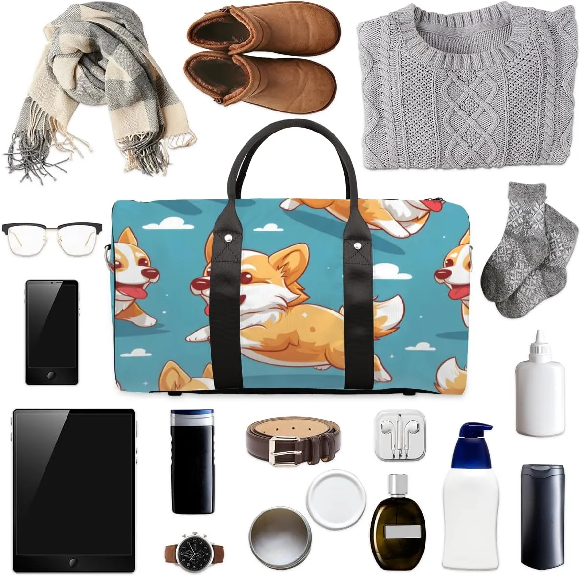 Cartoon Corgi Dog Travel Duffle Bag for Women Men Gym Duffel Foldable Bag Waterproof Weekender Funny Animals Duffle Tote