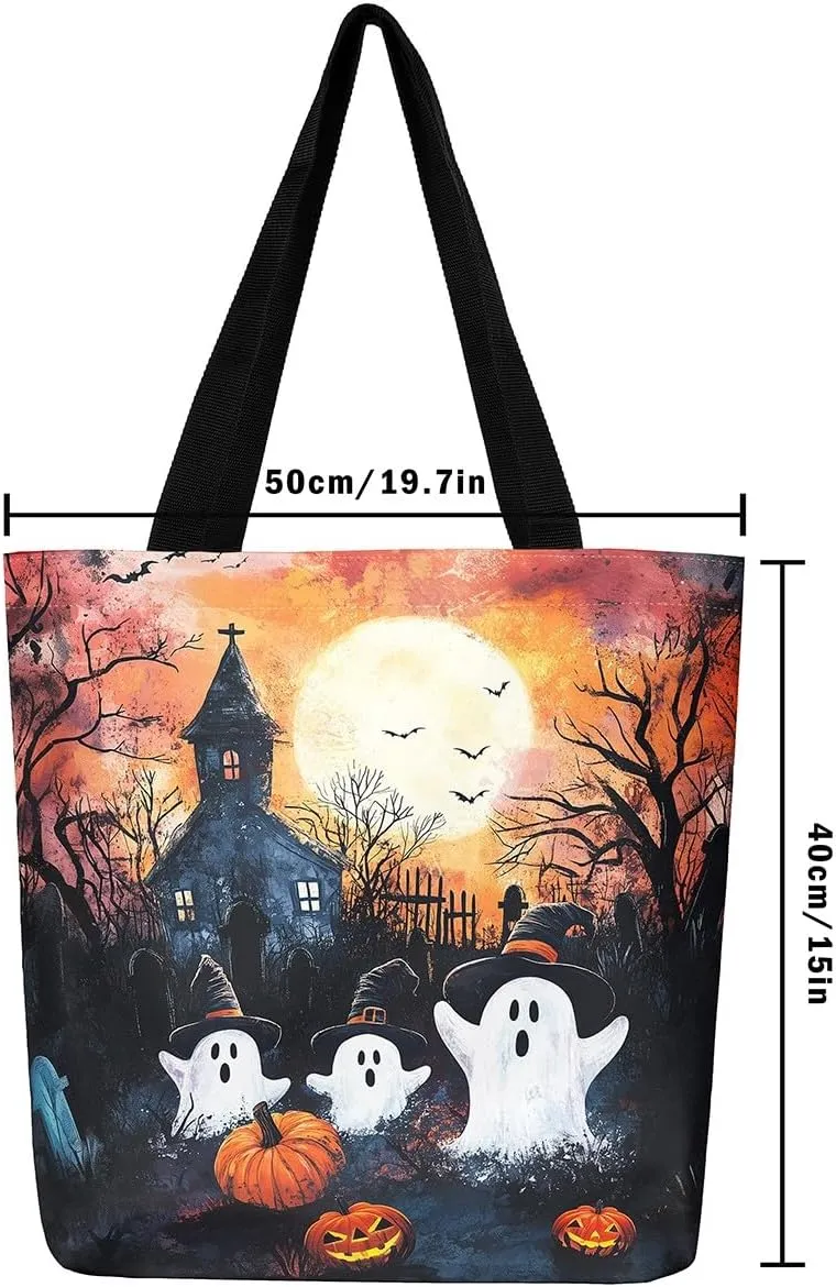 Cartoon Ghost Canvas Tote Bag,Halloween Trick or Treat Travel Beach Bag,Mushroom Pumpkin Grocery Bag for Shopping Gym