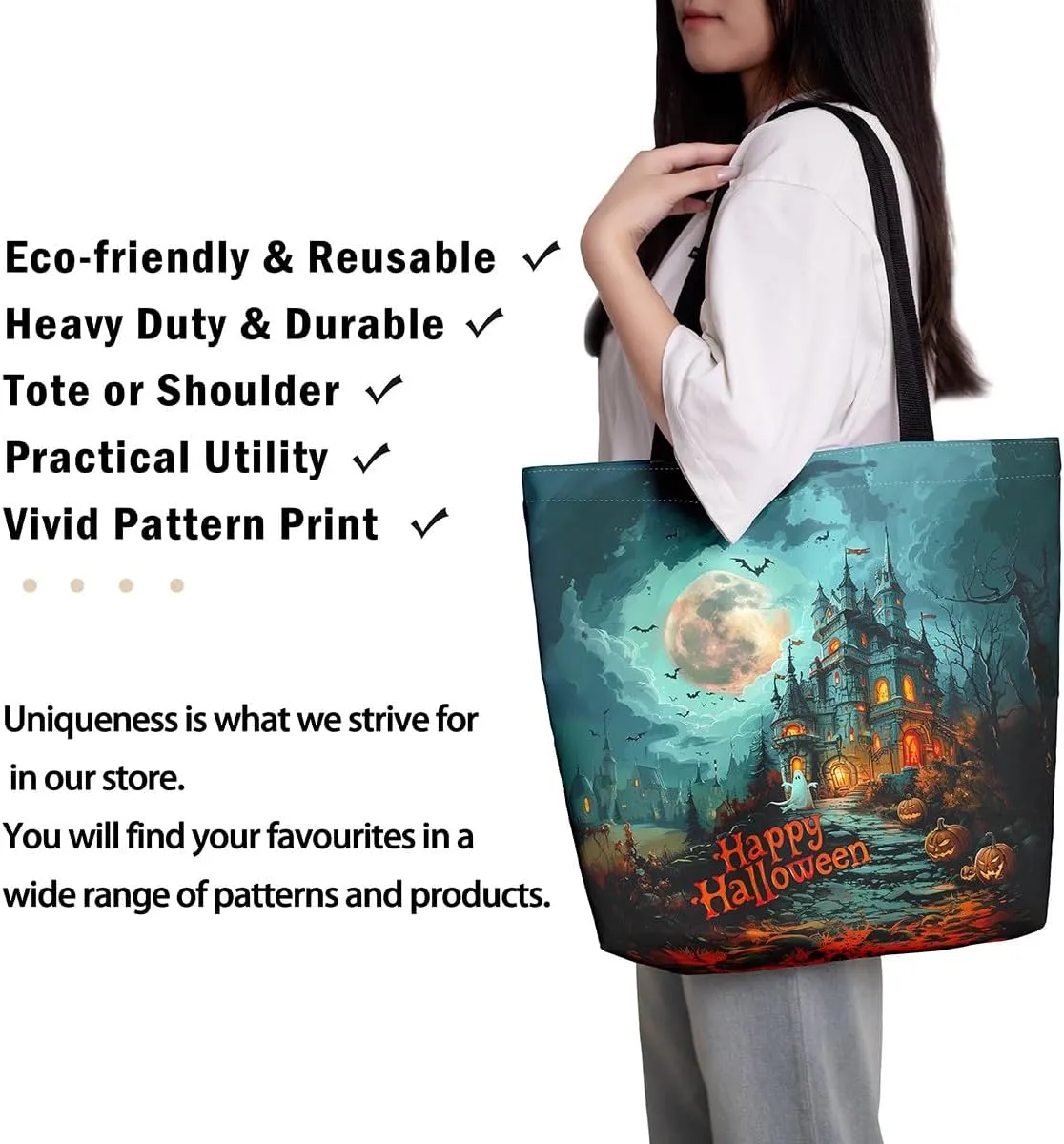 Cartoon Ghost Canvas Tote Bag,Halloween Trick or Treat Travel Beach Bag,Mushroom Pumpkin Grocery Bag for Shopping Gym