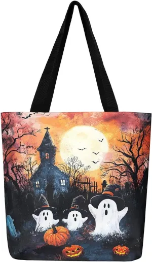 Cartoon Ghost Canvas Tote Bag,Halloween Trick or Treat Travel Beach Bag,Mushroom Pumpkin Grocery Bag for Shopping Gym