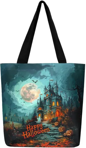 Cartoon Ghost Canvas Tote Bag,Halloween Trick or Treat Travel Beach Bag,Mushroom Pumpkin Grocery Bag for Shopping Gym