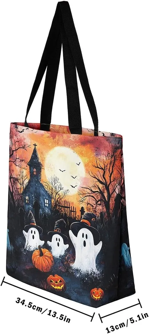 Cartoon Ghost Canvas Tote Bag,Halloween Trick or Treat Travel Beach Bag,Mushroom Pumpkin Grocery Bag for Shopping Gym