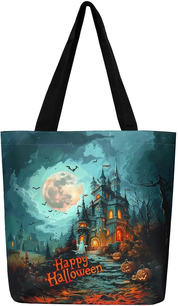 Cartoon Ghost Canvas Tote Bag,Halloween Trick or Treat Travel Beach Bag,Mushroom Pumpkin Grocery Bag for Shopping Gym