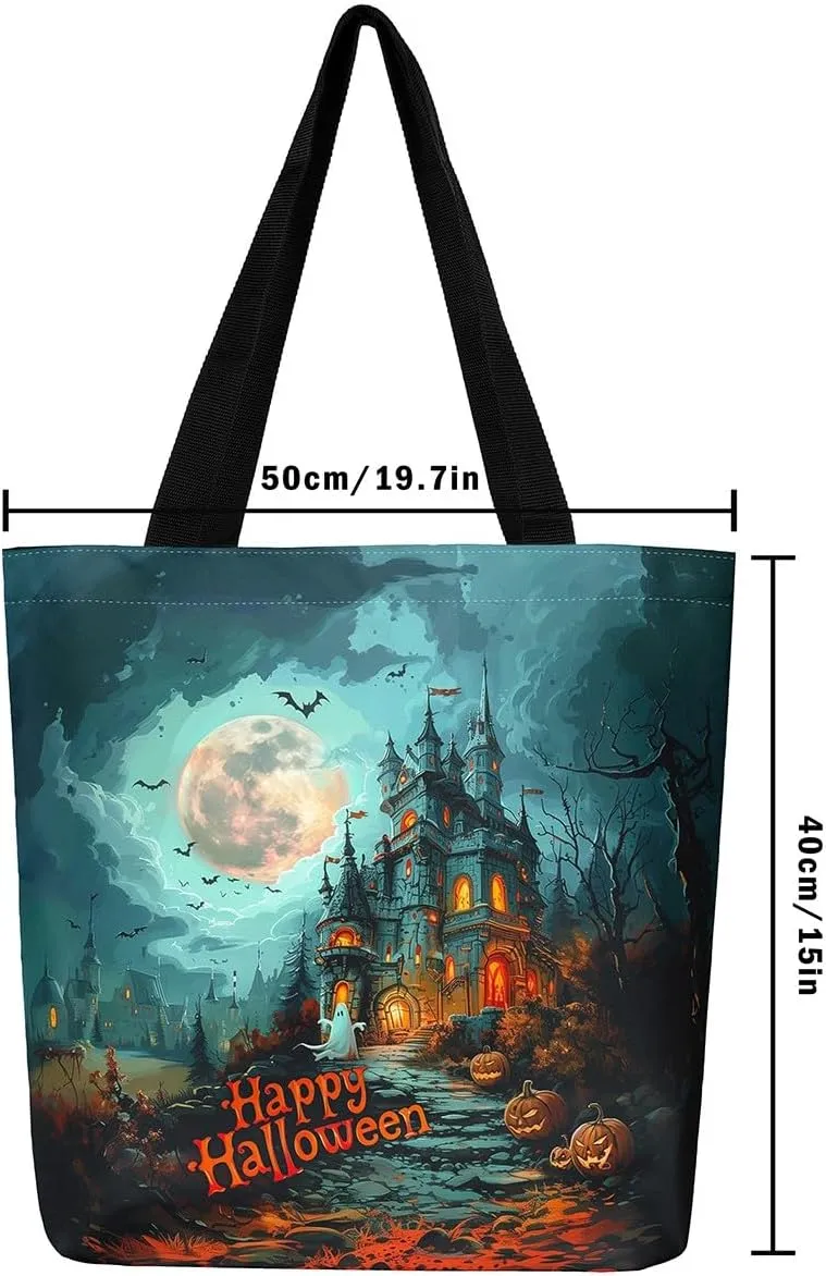 Cartoon Ghost Canvas Tote Bag,Halloween Trick or Treat Travel Beach Bag,Mushroom Pumpkin Grocery Bag for Shopping Gym