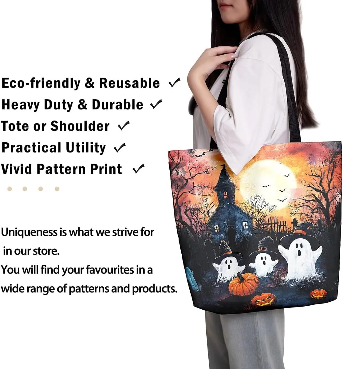 Cartoon Ghost Canvas Tote Bag,Halloween Trick or Treat Travel Beach Bag,Mushroom Pumpkin Grocery Bag for Shopping Gym